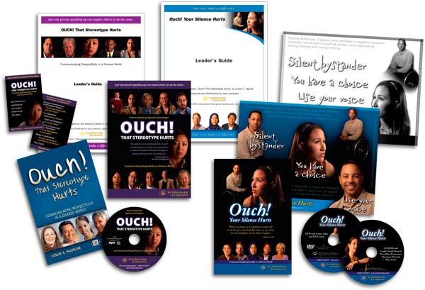 "Ouch! That Stereotype Hurts" Series Packages showing Book, DVDs, CDs, Reminder Cards, Leader's Guides, Posters and Leader's Guides
