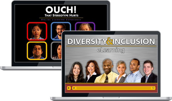 Two laptops showing screens for "Ouch! That Stereotype Hurts" and "Diversity & Inclusion eLearning"